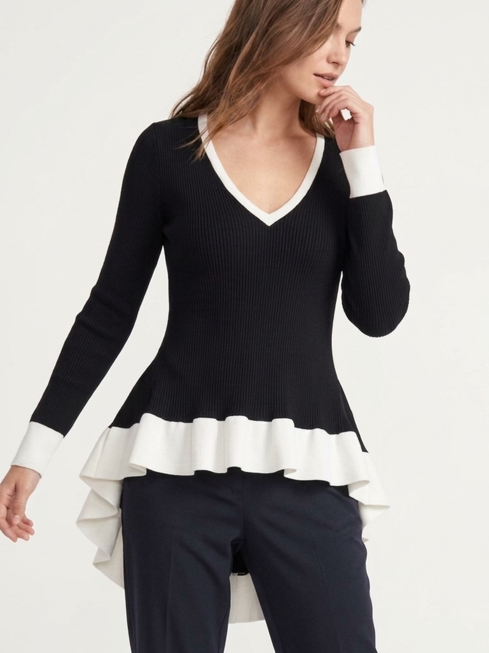 VENUS Black & White Ribbed V-Neck Ruffle High-Low Sweater Top XL - 608